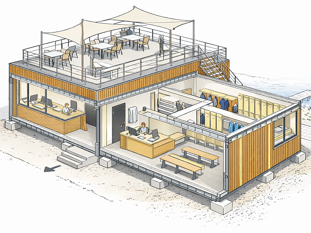 Модульное здание из морских контейнеров для яхт-площадки под Санкт-Петербургом - торговый павильон, санблок и кафе на крыше